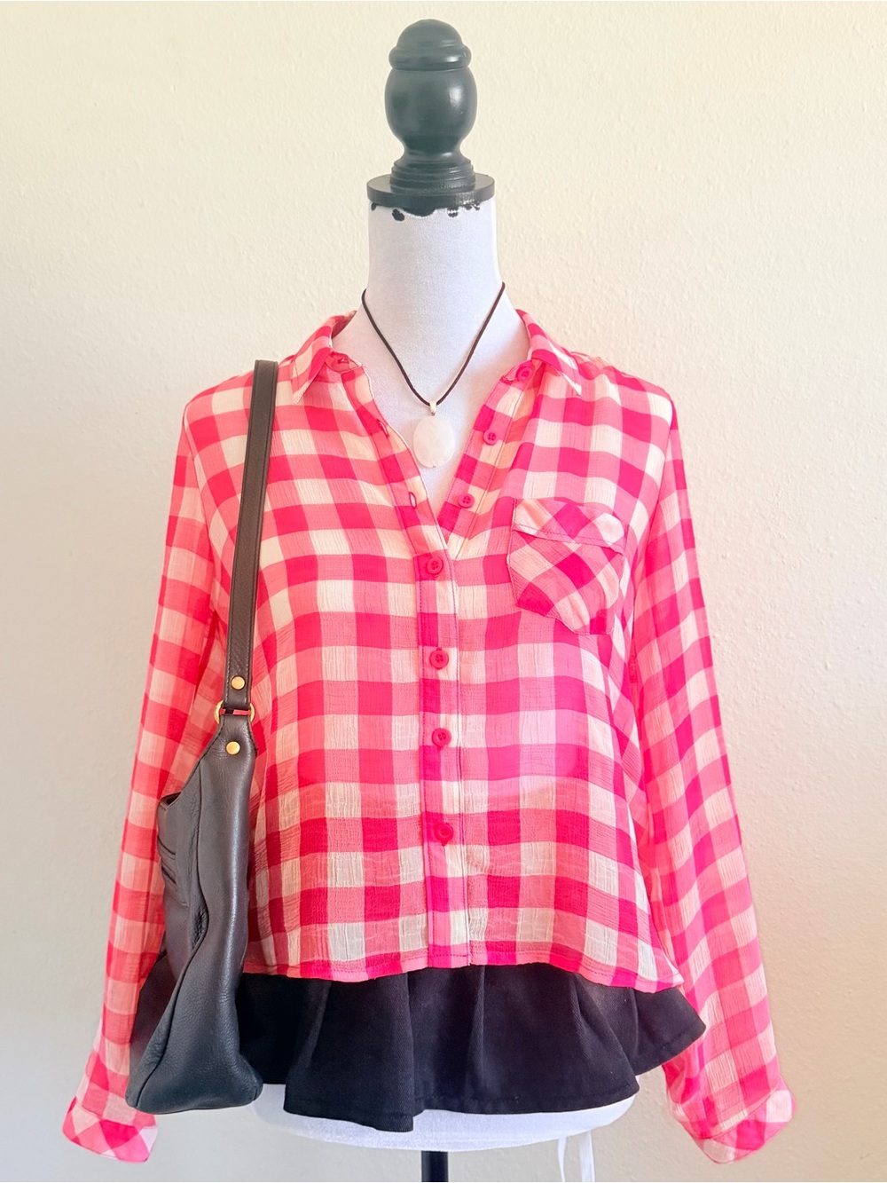 Free People semi-sheer pink and white gingham plaid button-down shirt